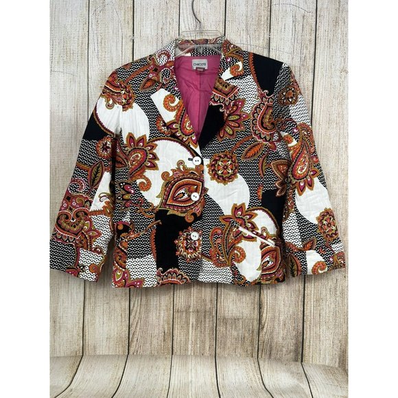 Chico's Quilted Blazer Jacket Button Front Sz 1 Med Orange Black Mixed Print‎ - Picture 2 of 9